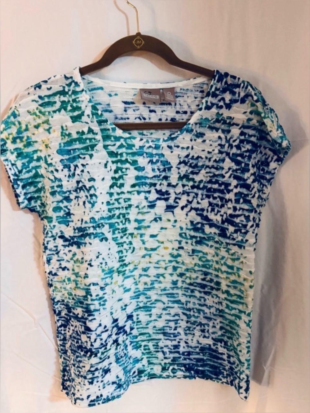 Chico’s Blue Abstract Print Crinkle Top Size 0 (S) | Lightweight Blouse